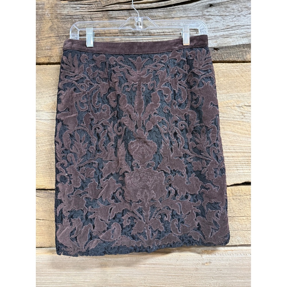 Etcetera Brown Velvet Damask Lace Pencil Skirt Size 4 Floral Overlay Back Zip